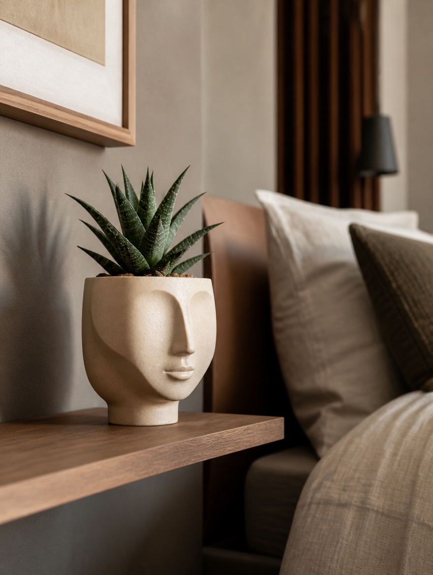 Sculptural Face Succulent Planter on bedroom shelf