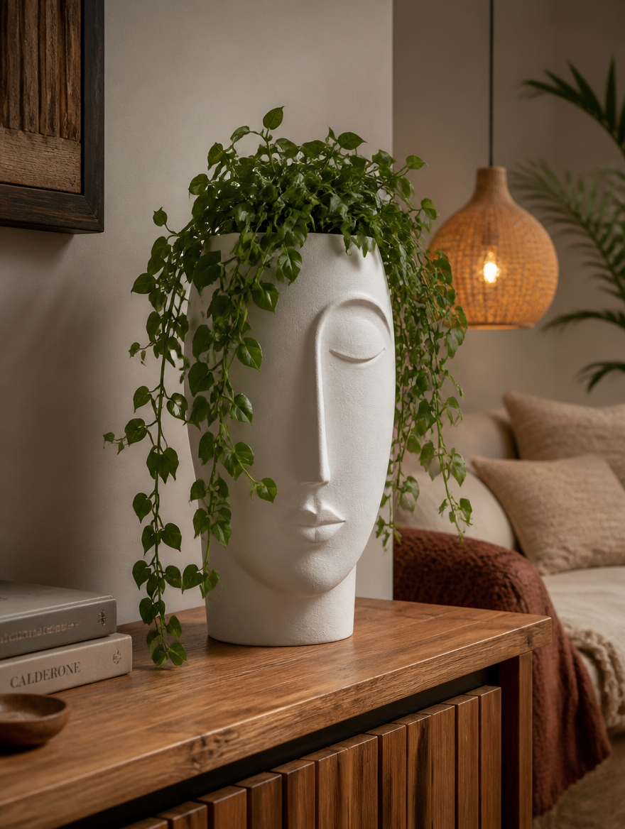 Sculptural Face Succulent Planter in boho living room