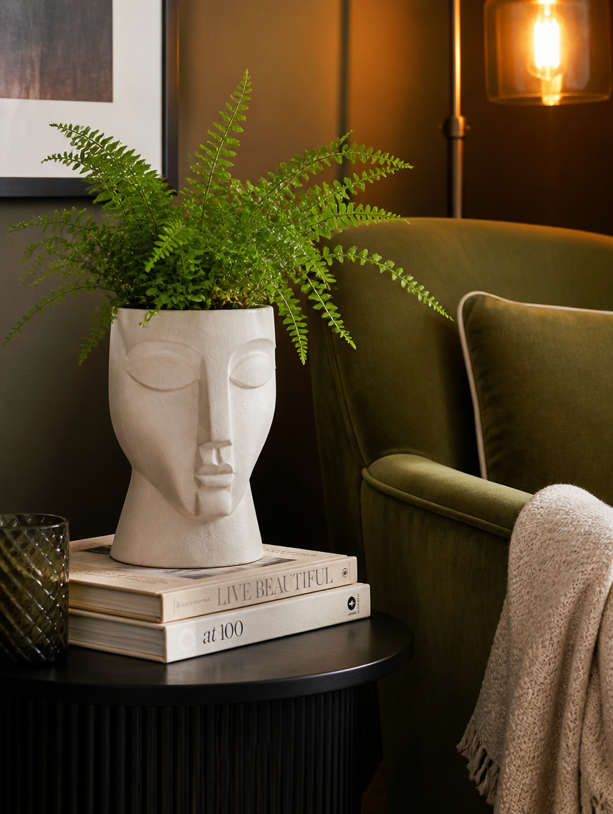 Sculptural Face Succulent Planter in reading nook