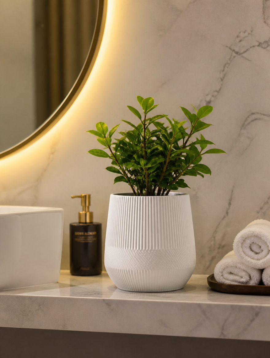 Modern White Succulent Planter on bathroom shelf