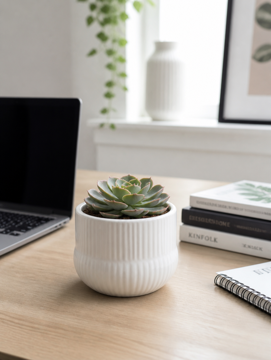 Modern White Succulent Planter on office desk