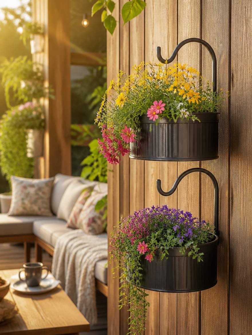 Iron Art Hanging Flower Pot on patio fence