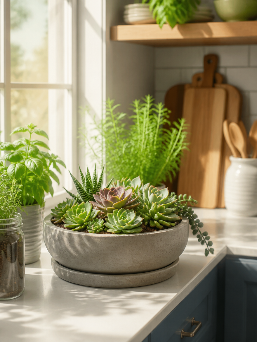Round Succulent Planter with Tray on kitchen windowsill