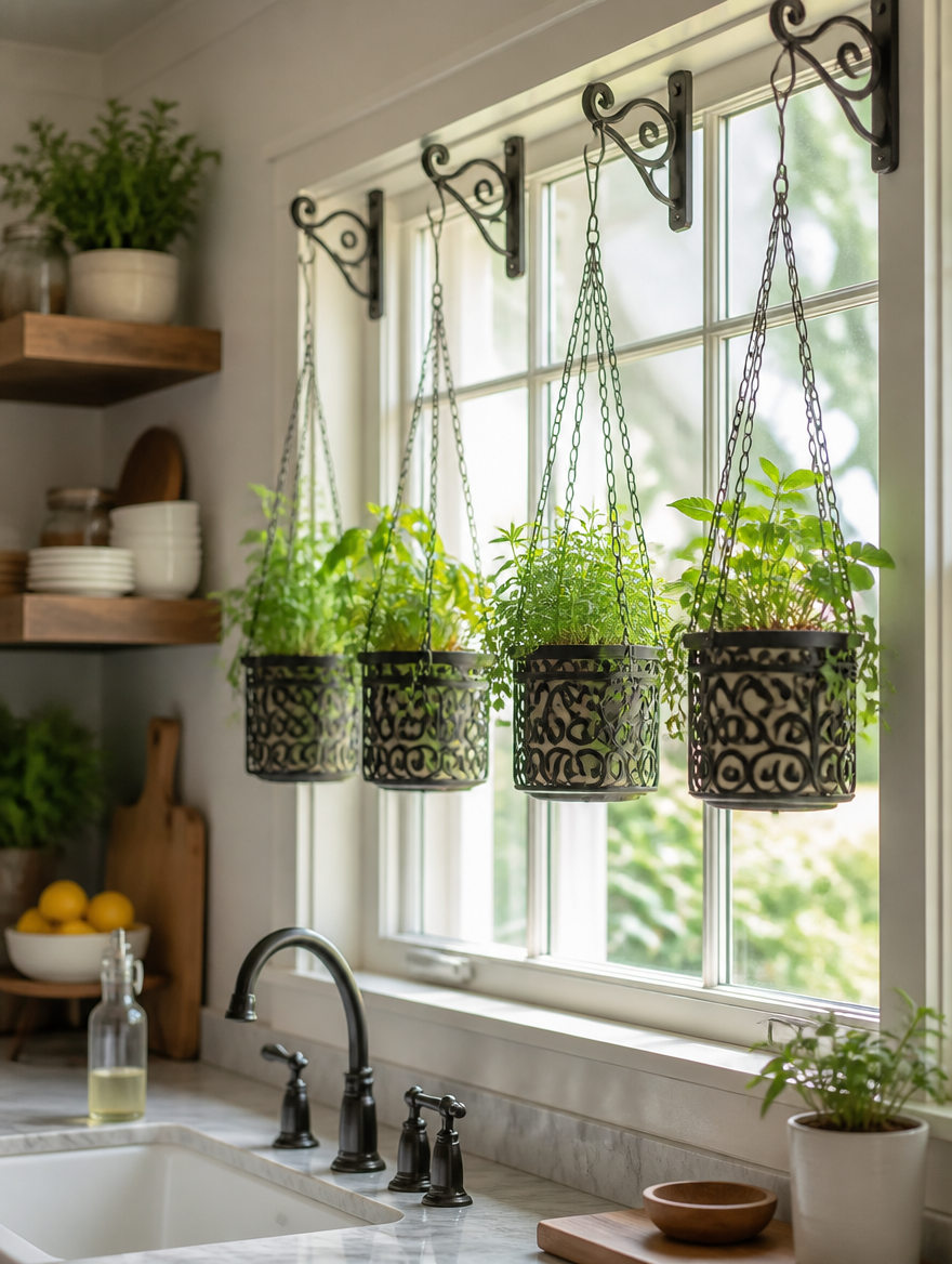 Iron Art Hanging Flower Pot in kitchen window