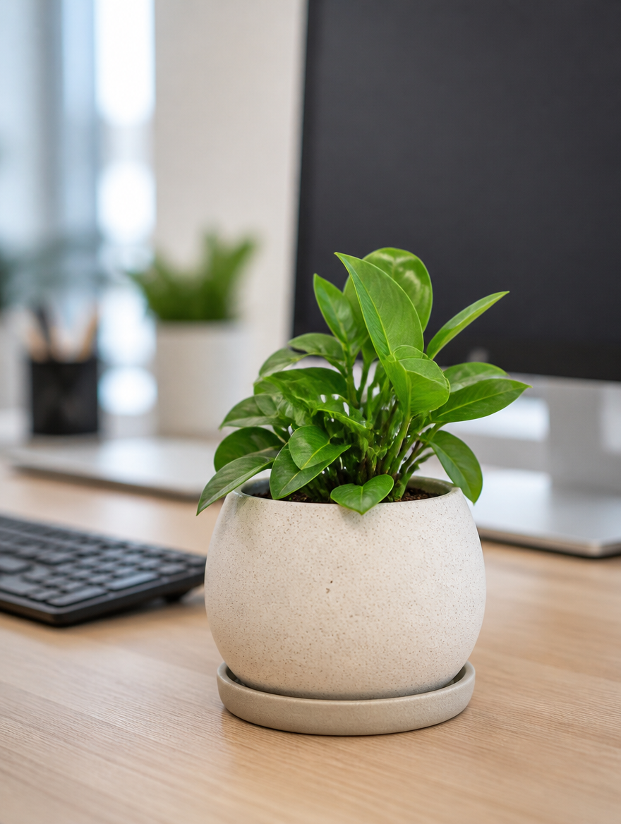 Round Succulent Planter with Tray on office desktop
