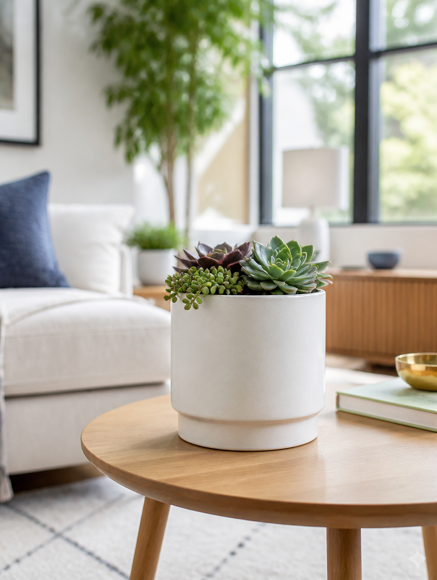 Modern White Succulent Planter in living room