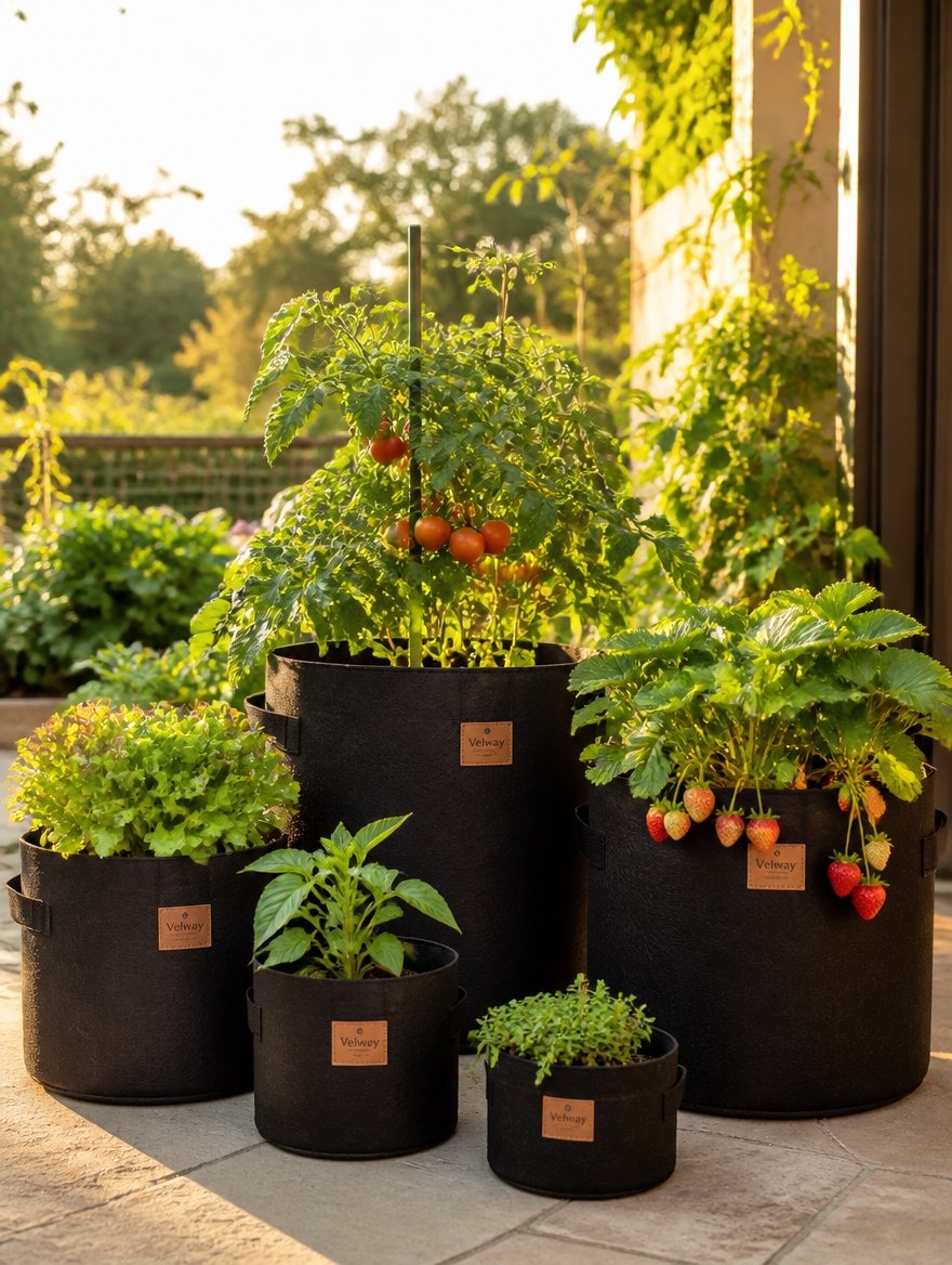 Fabric Grow Bag Planter Set in backyard garden