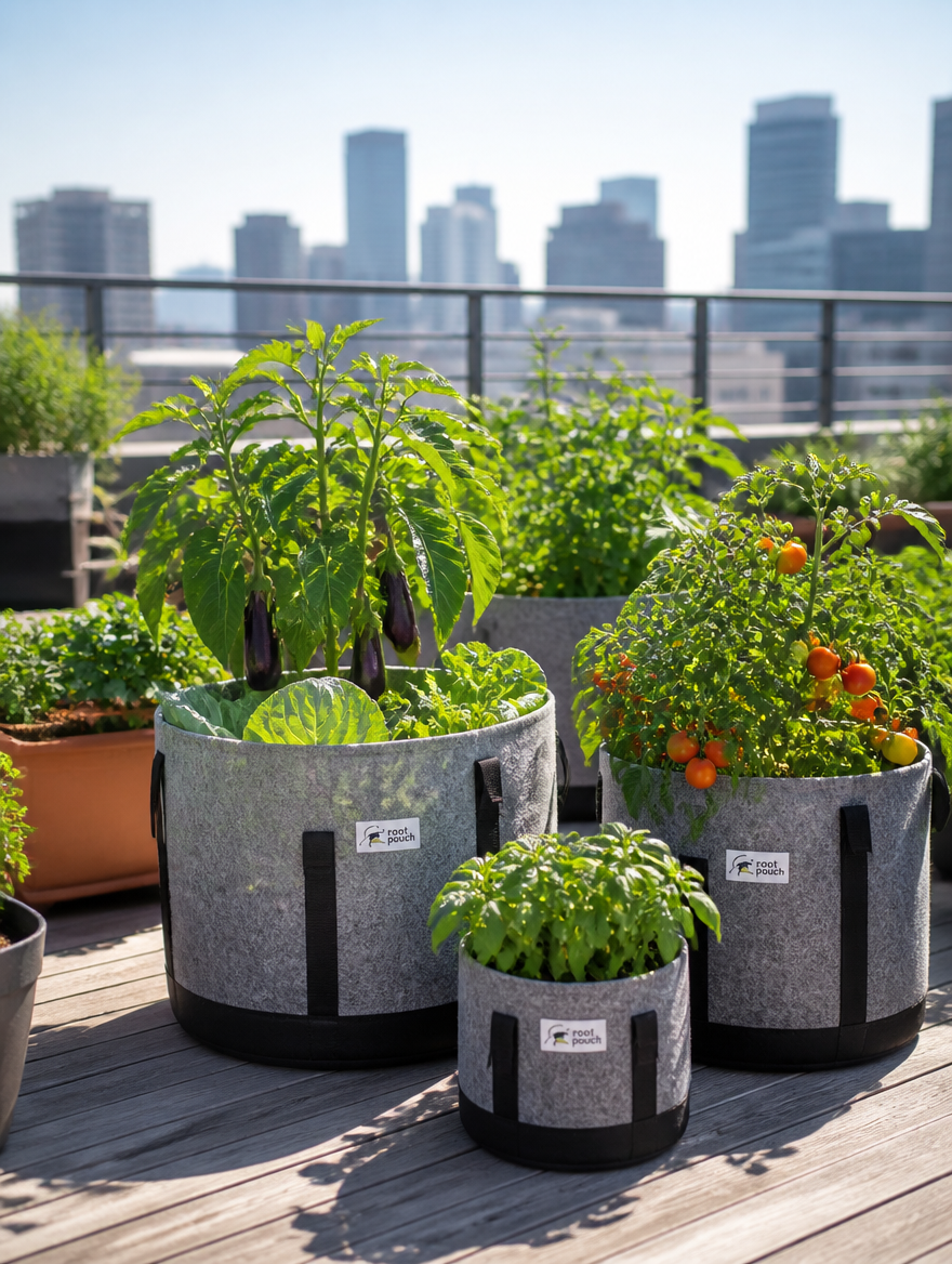 Fabric Grow Bag Planter Set on rooftop terrace