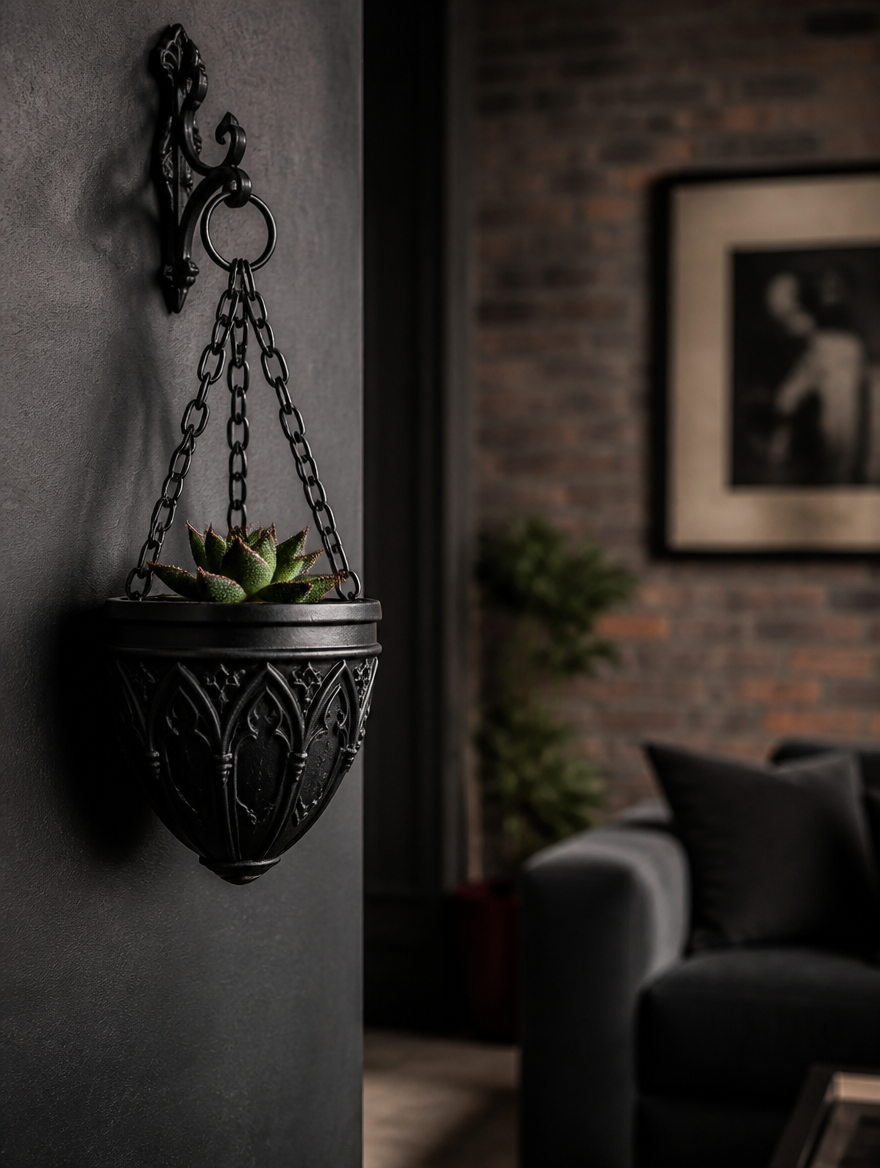 Gothic Bat Wing Hanging Planter on industrial wall