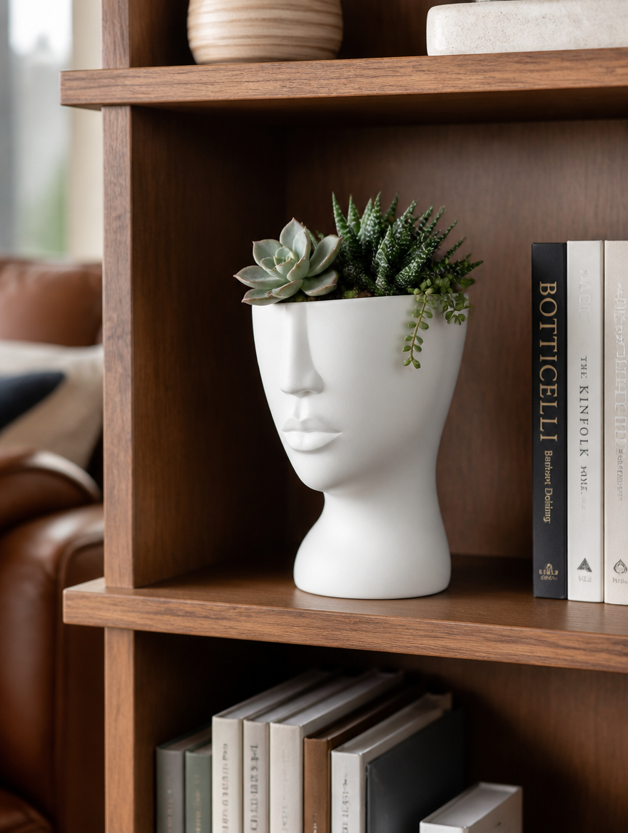 Girl Bust Sculptural Face Planter on bookshelf