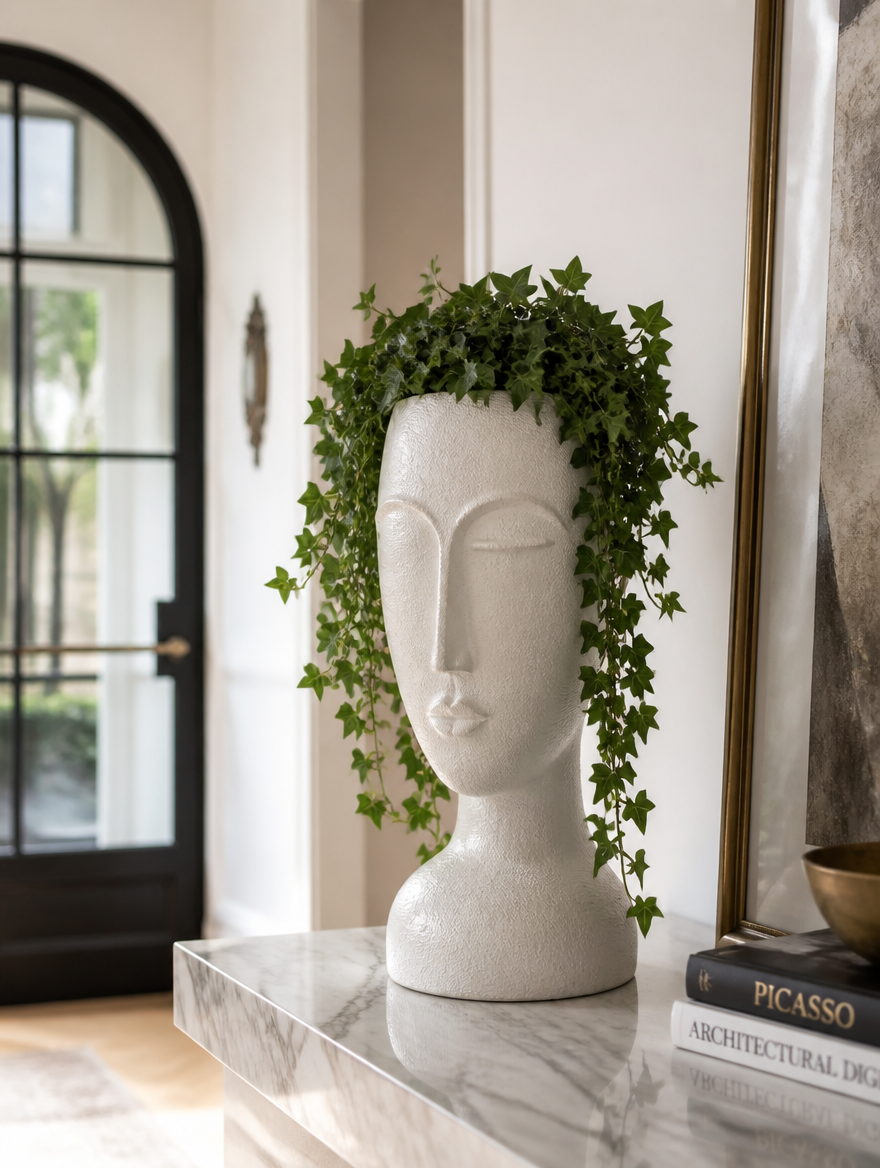 Girl Bust Sculptural Face Planter in entryway