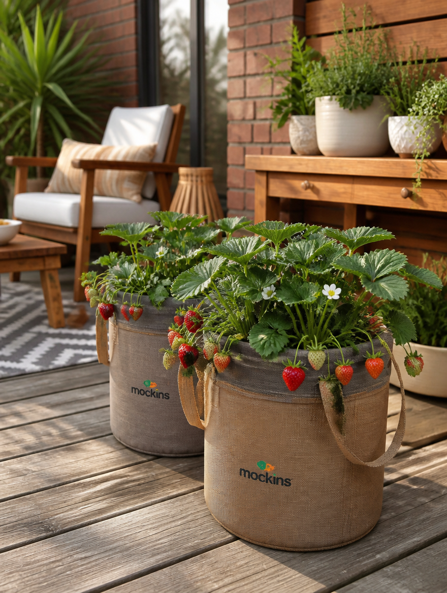 Fabric Grow Bag Planter Set on wooden deck