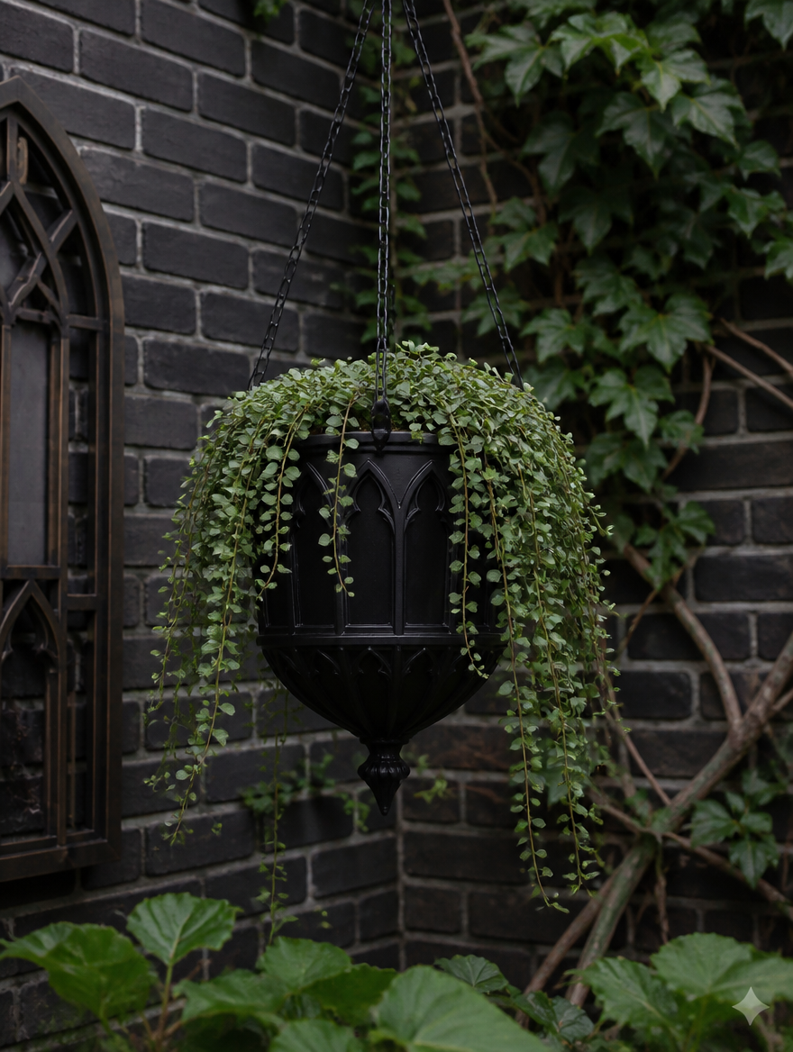 Gothic Bat Wing Hanging Planter in moody garden
