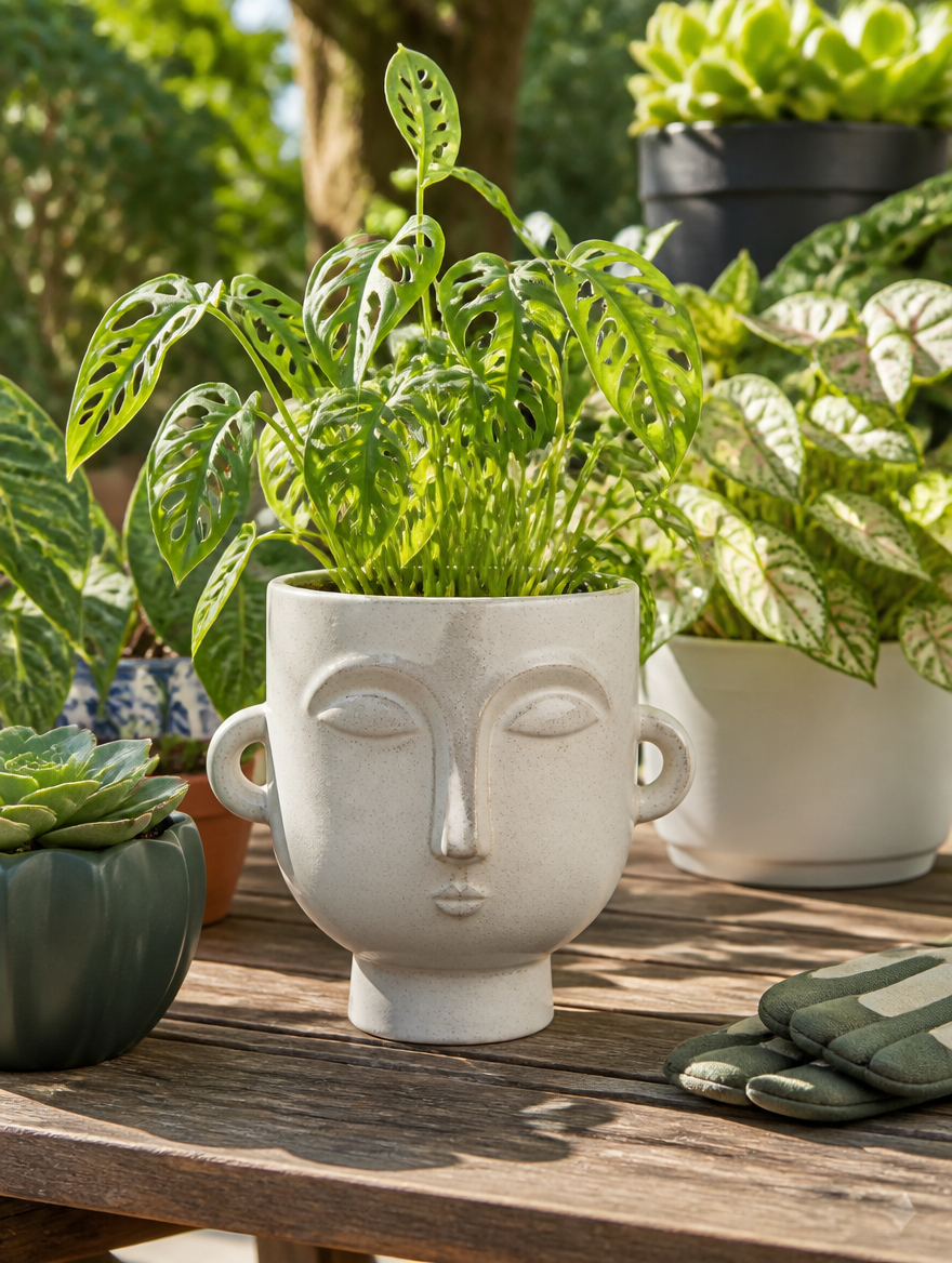Girl Bust Sculptural Face Planter on garden patio