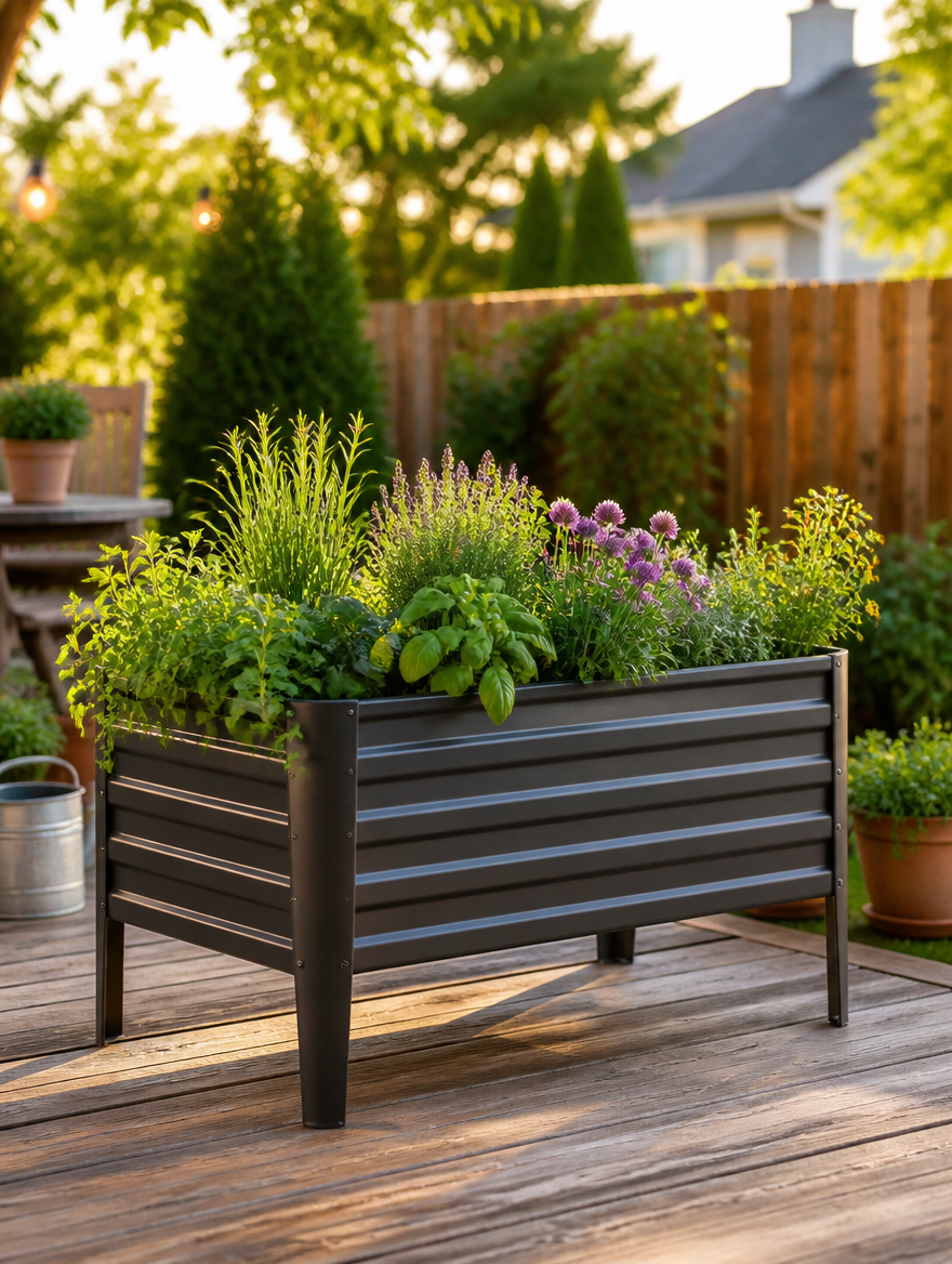 Metal Raised Garden Bed on wooden deck