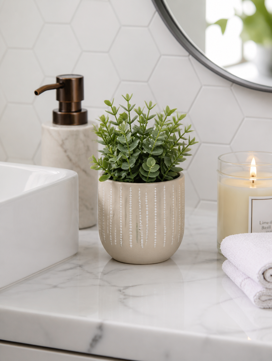 Mini Ceramic Succulent Planter on bathroom vanity