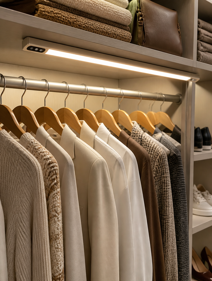 Rechargeable Under-Cabinet Light Bar in walk-in closet