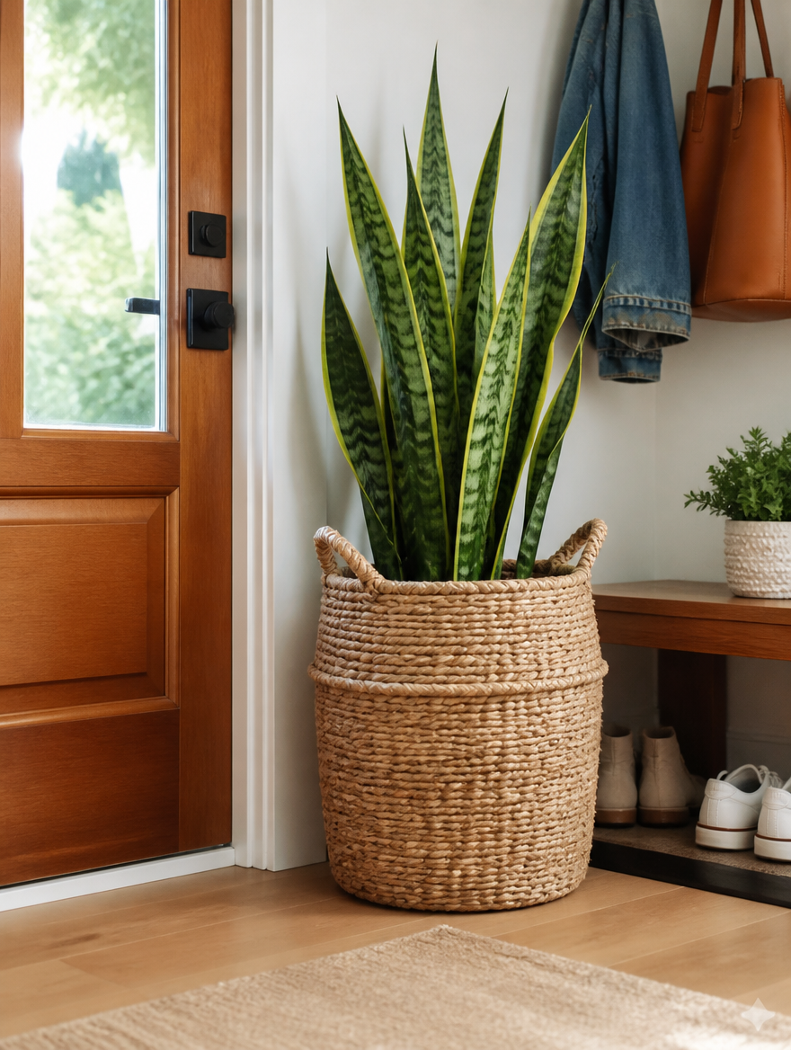 Nordic Seagrass Woven Plant Basket in entryway