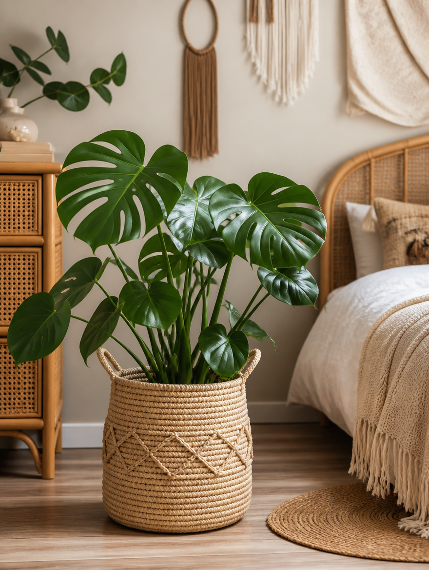 Nordic Seagrass Woven Plant Basket in boho bedroom