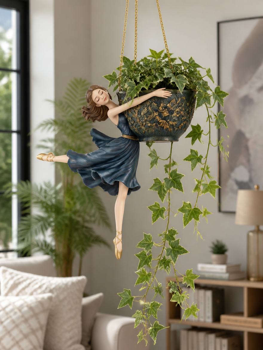 Resin Ballet Dancer Hanging Planter in sunlit living room