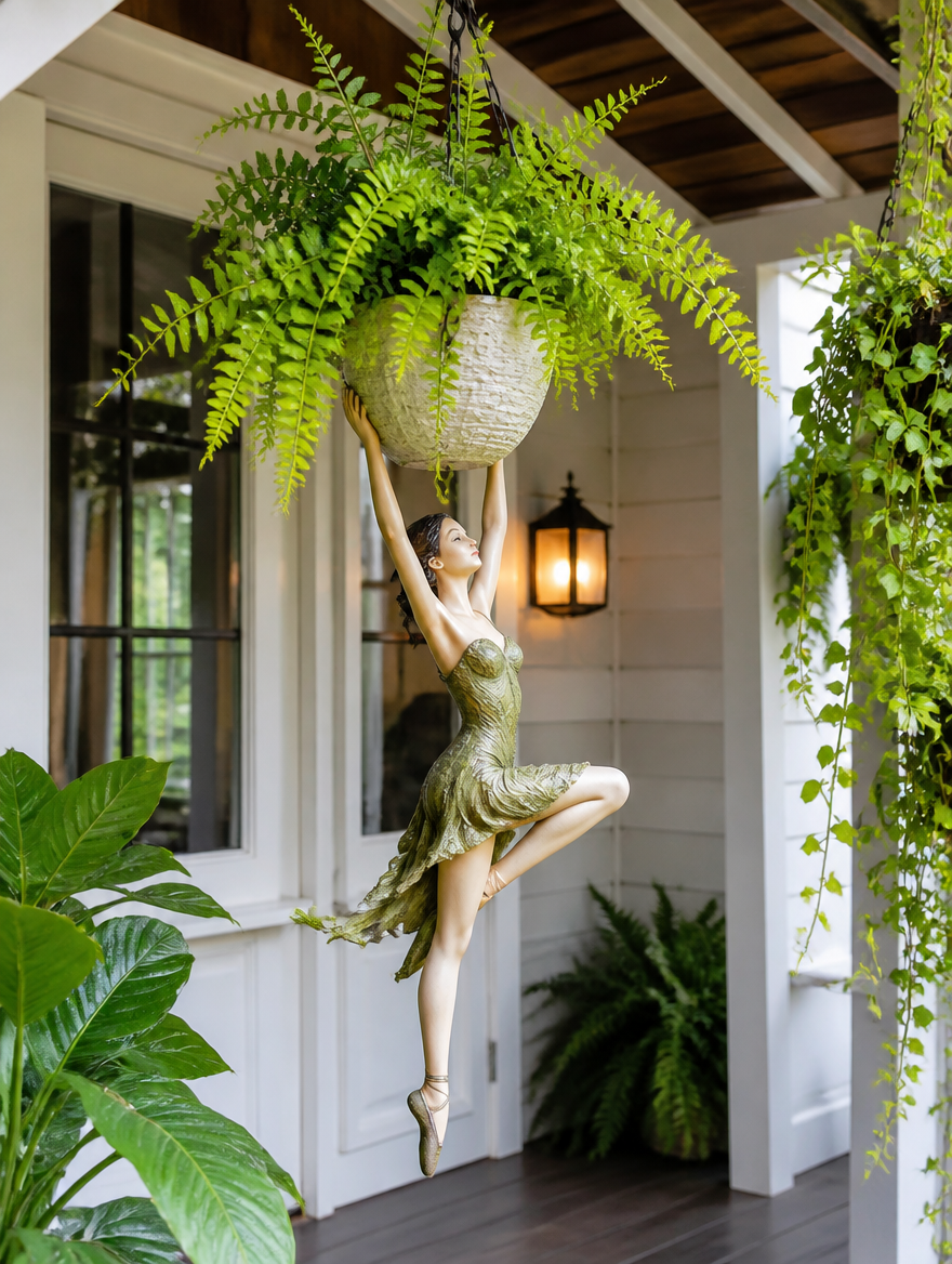 Resin Ballet Dancer Hanging Planter on covered porch