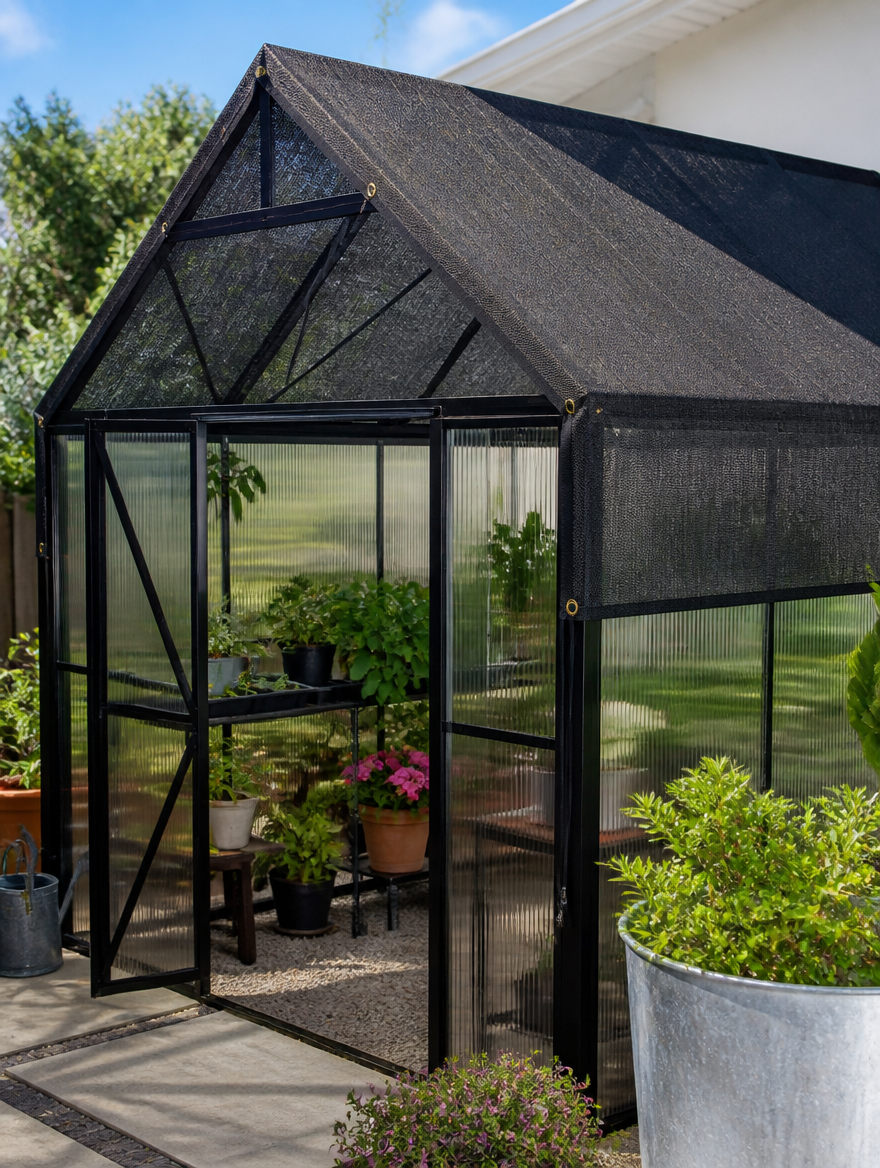 Black Shade Cloth over garden greenhouse frame
