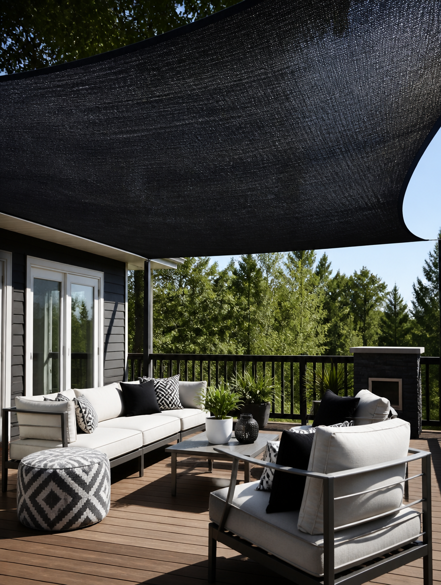 Black Shade Cloth over outdoor deck seating area