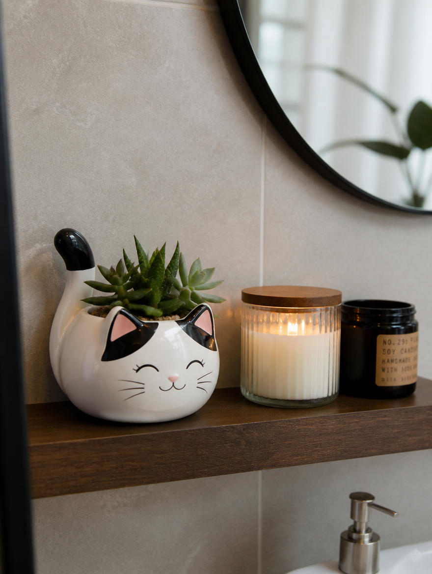 Cartoon Cat Tail Flower Pot on bathroom shelf