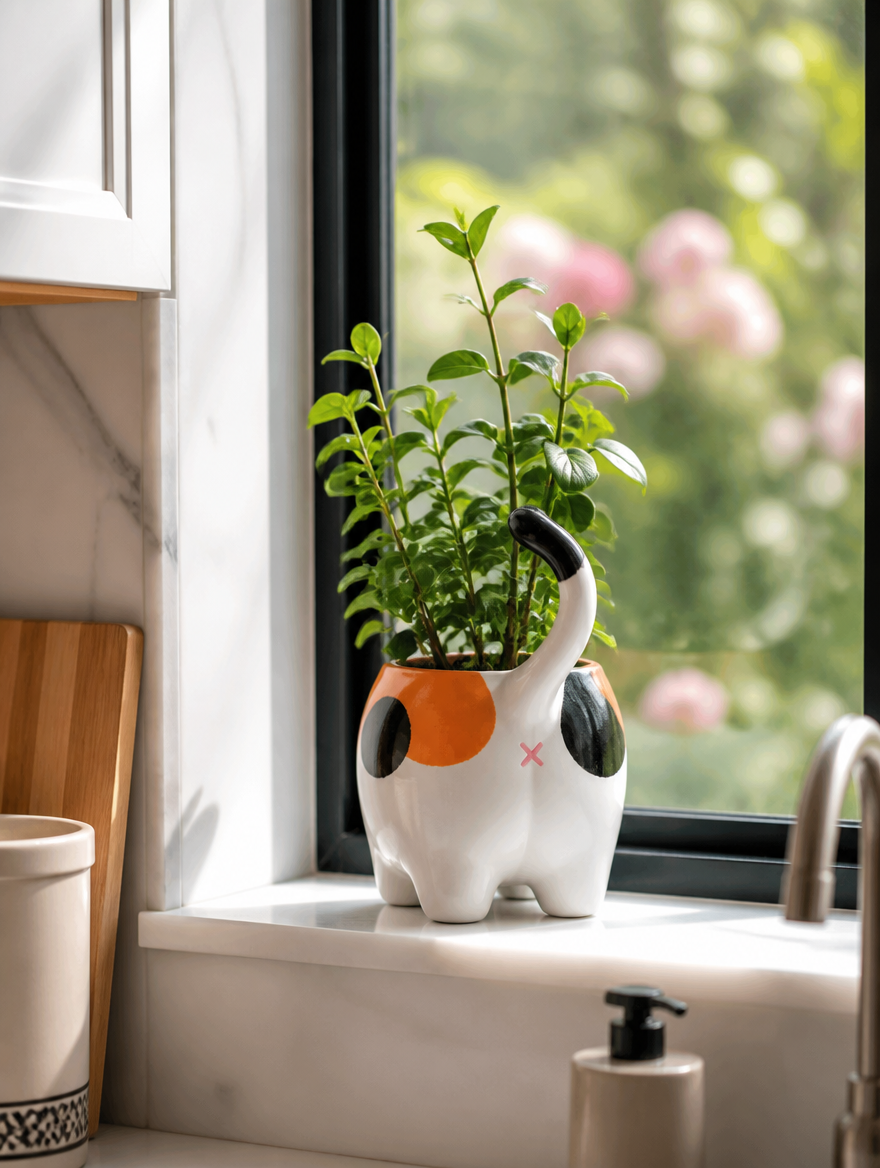 Cartoon Cat Tail Flower Pot on kitchen windowsill