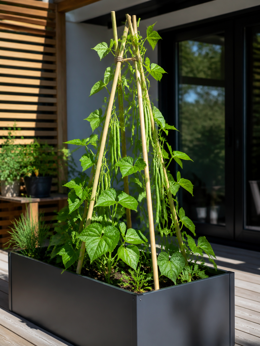 Bamboo Garden Stakes supporting climbing beans on patio