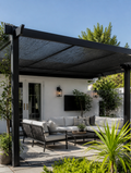 Black Shade Cloth on outdoor pergola with patio furniture