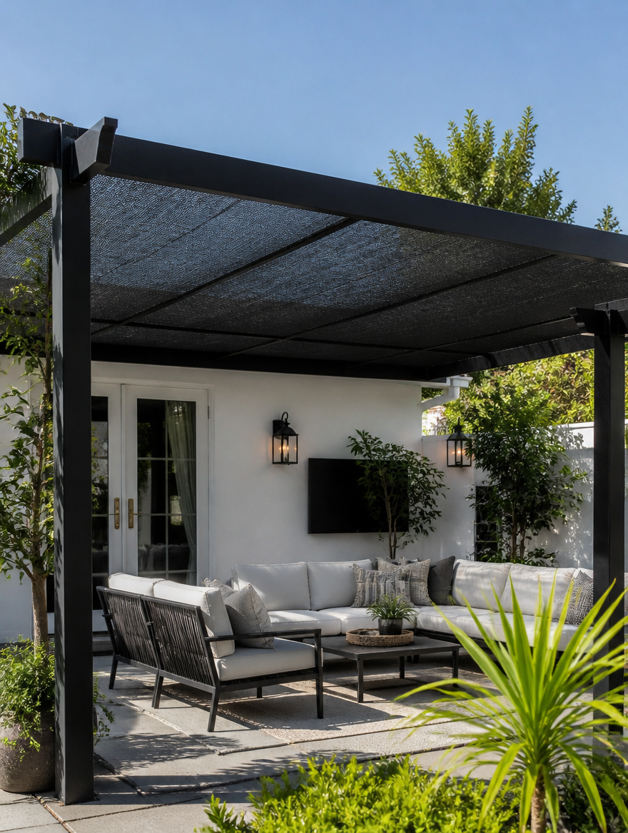 Black Shade Cloth on outdoor pergola with patio furniture