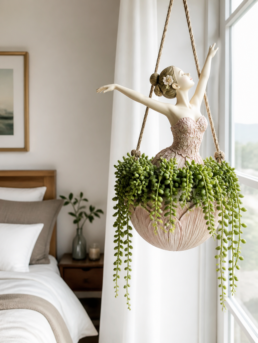 Resin Ballet Dancer Hanging Planter in bedroom window nook
