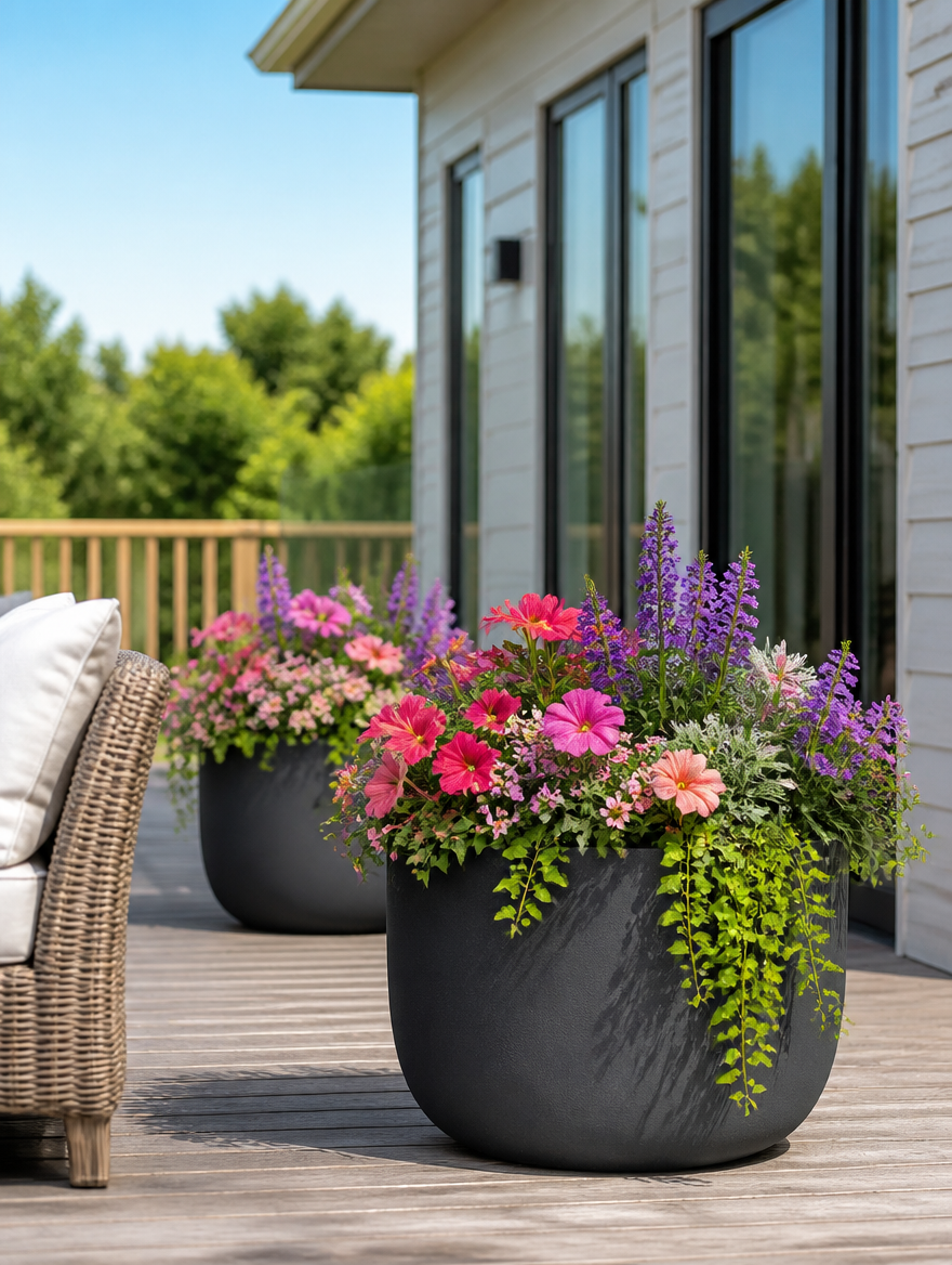 Large Planter Pots with colorful flowers on patio deck