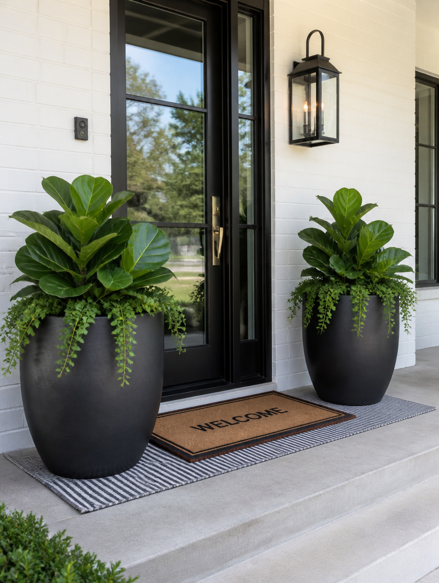 Large Planter Pots with plants on front porch