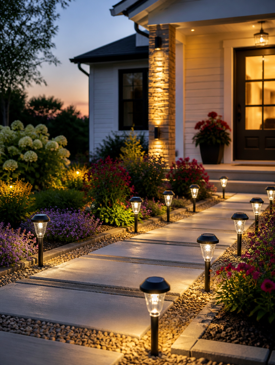 Solar Pathway Lights lining front yard entrance at twilight