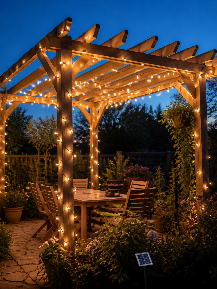 Solar String Fairy Lights on garden pergola at dusk