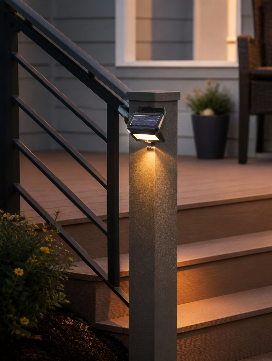 Solar Motion Sensor Garden Light on porch railing