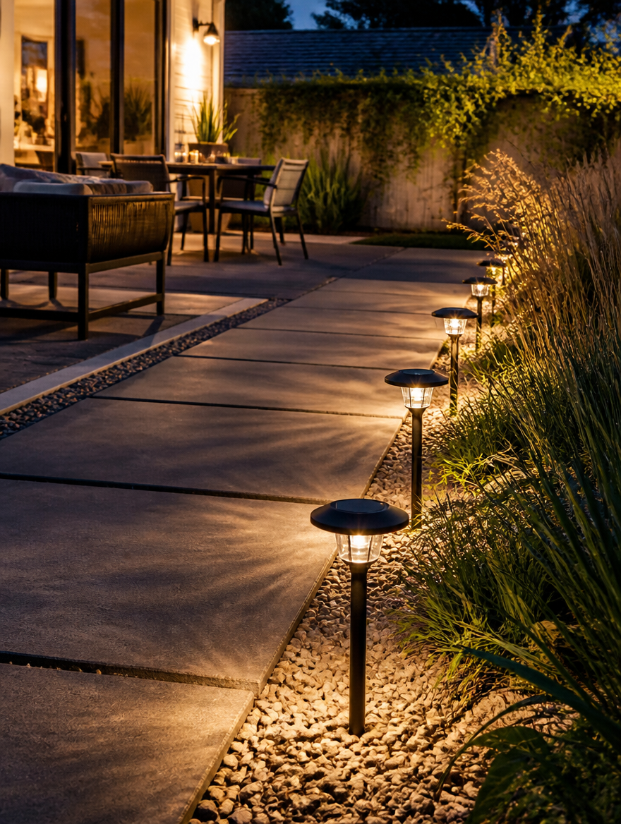 Solar Pathway Lights along backyard patio at night