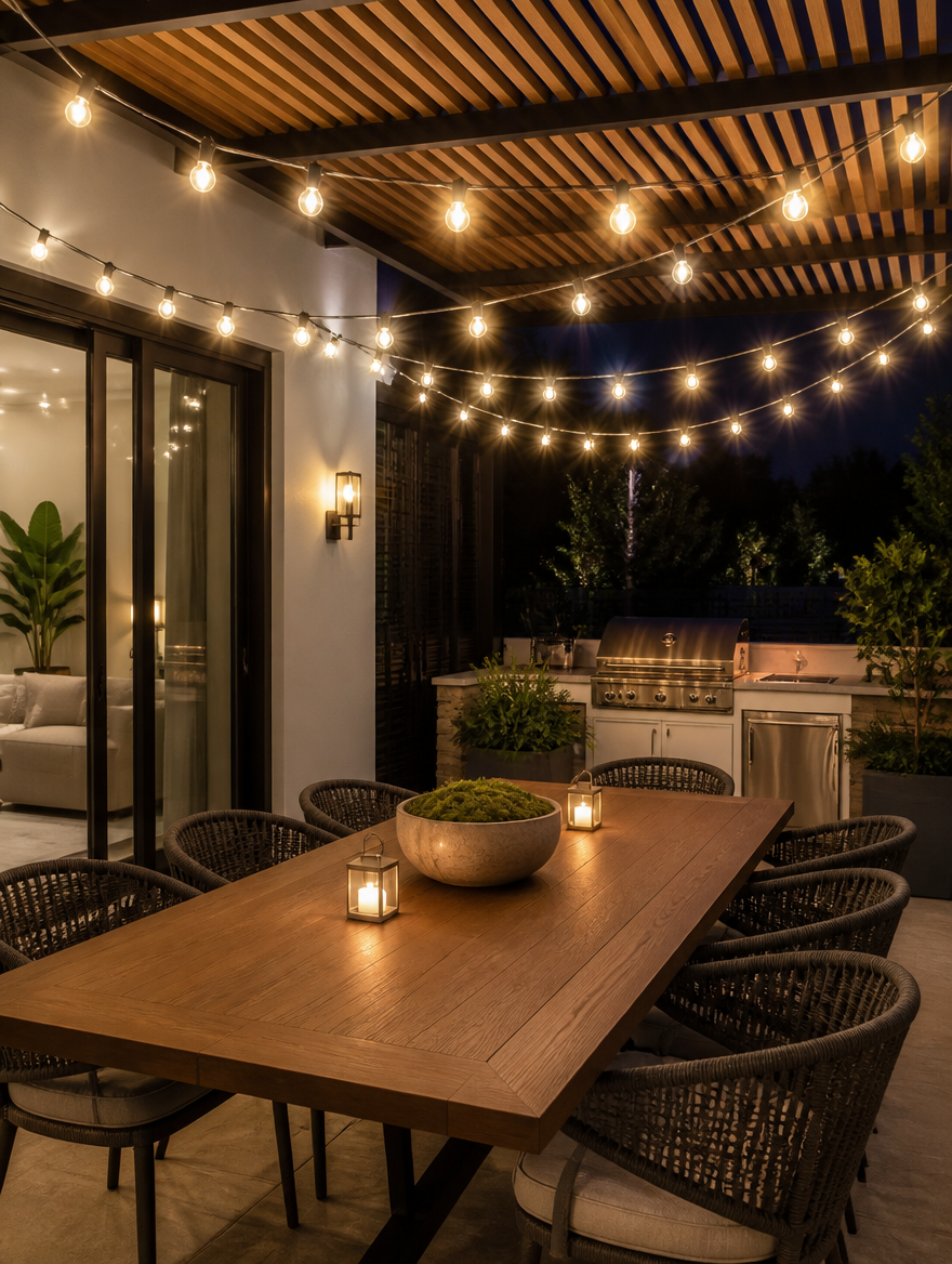 Solar String Fairy Lights on outdoor patio dining area at night
