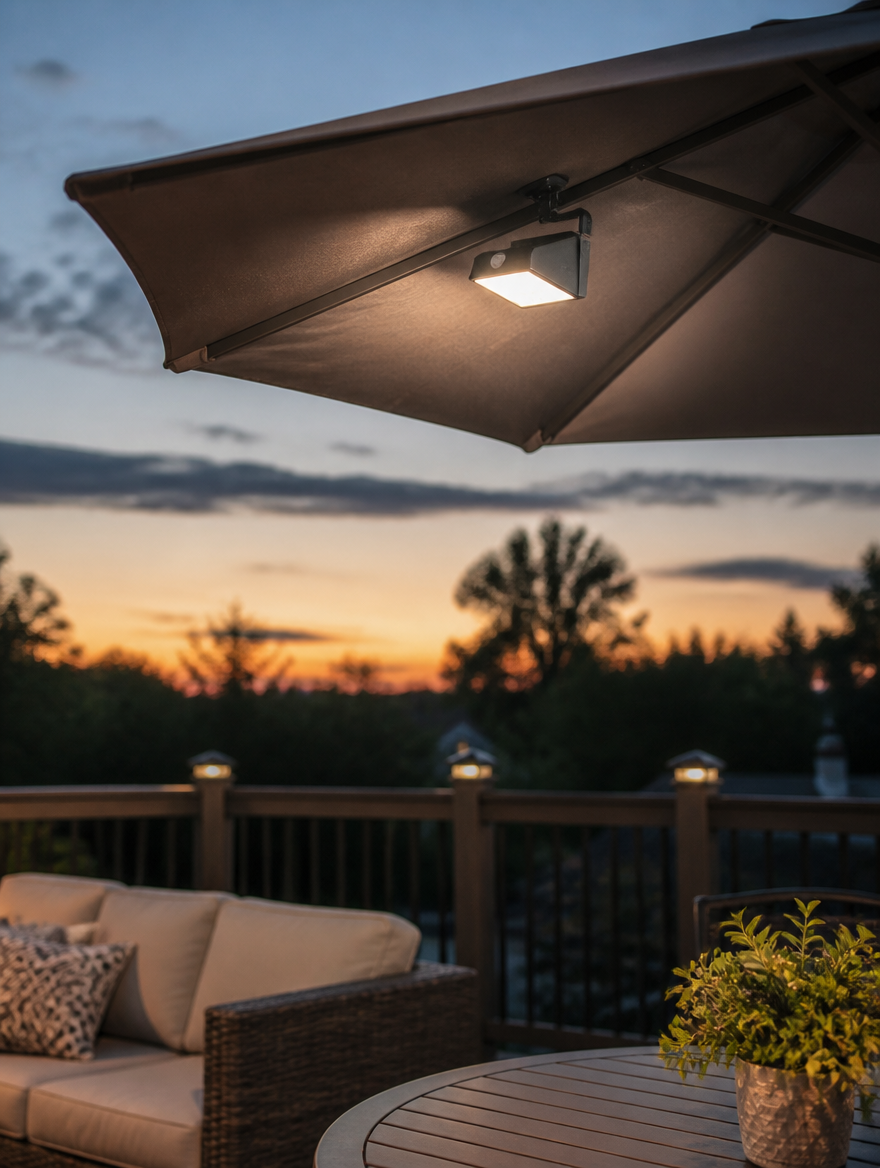 Solar Motion Sensor Garden Light on deck umbrella at dusk