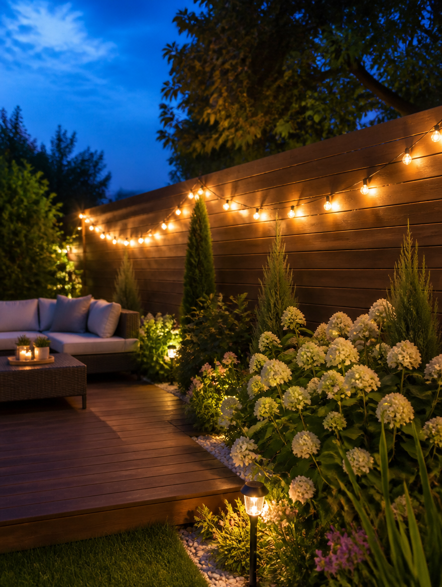 Solar String Fairy Lights decorating backyard fence at twilight