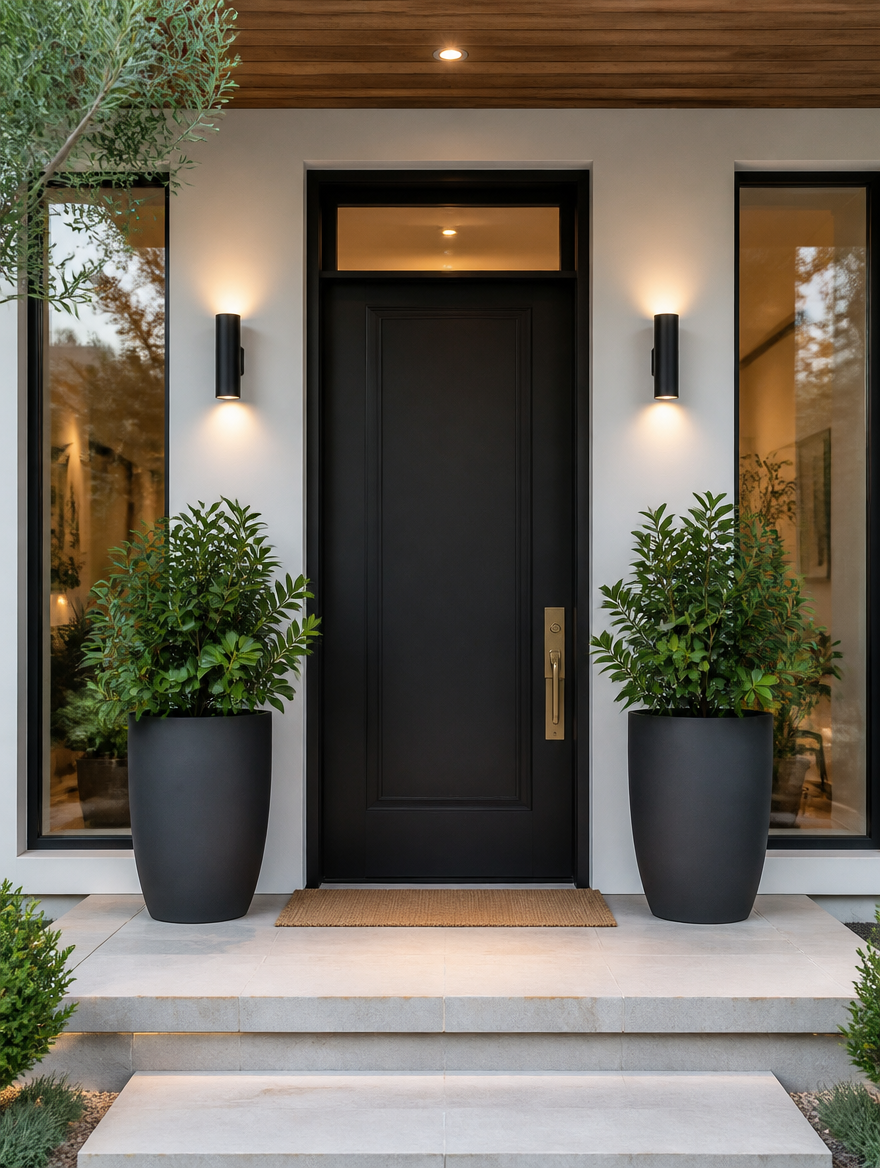 Large Planter Pots flanking front door entryway
