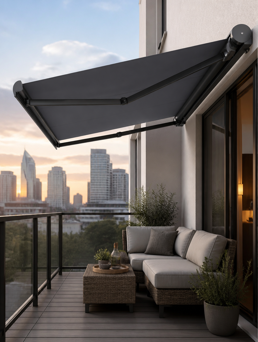 Patio awning over balcony seating area