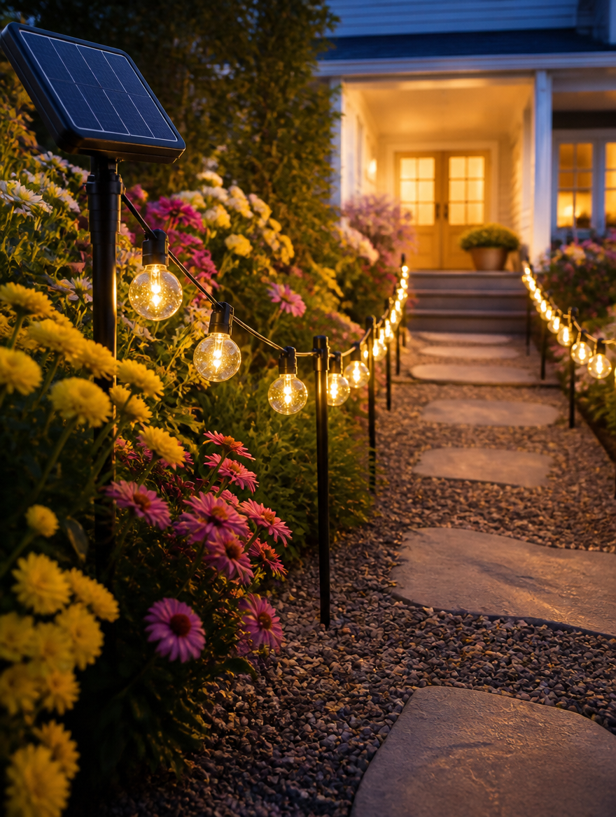 Solar string lights along garden pathway at dusk