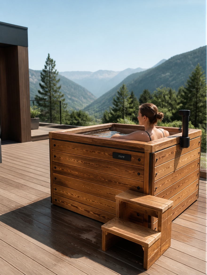 Wooden spa tub on patio with mountain view