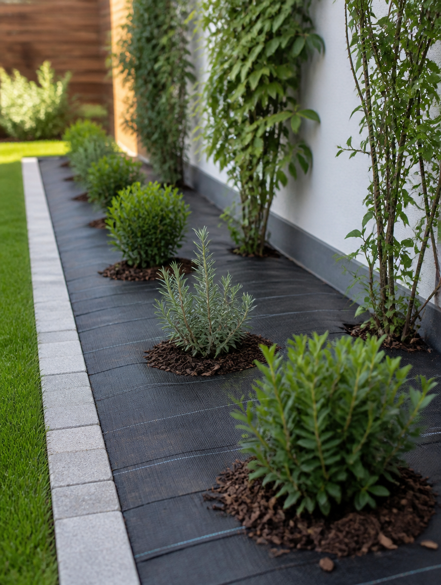 Heavy-duty weed barrier landscape fabric installed in garden bed with mulch