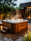 Premium wooden outdoor spa tub on backyard deck
