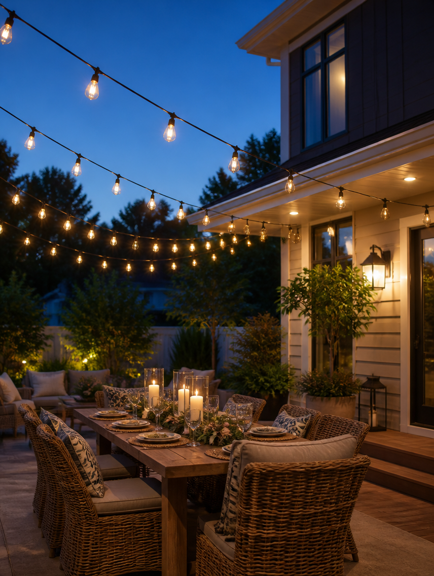 Solar string lights over outdoor dining patio