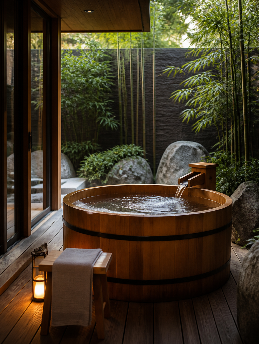Wooden hot tub in zen garden setting